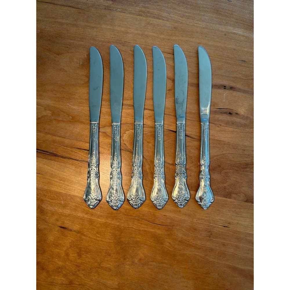 Set of‎ 6 Vintage JCP Stainless China Dinner Knives Floral Scroll Pattern